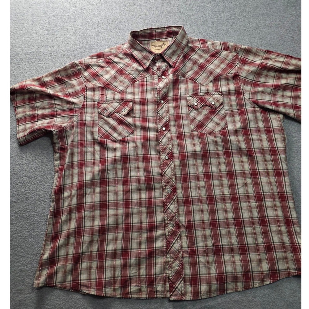 Wrangler Western Fashion Snap Shirt Mens XL Red Plaid Short Sleeve Pearl Snap
